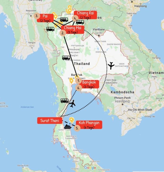 3 Wochen Thailand Rundreise Route für den Norden + Strandurlaub