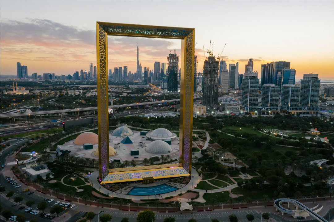 The Frame bei Sonnenuntergang in Dubai, Sehenswürdigkeiten
