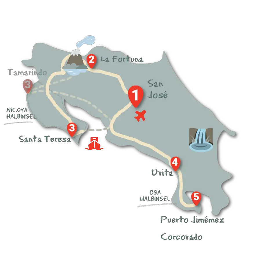 Costa Rica Rundreise Route 2 Wochen Inland und Pazifik
