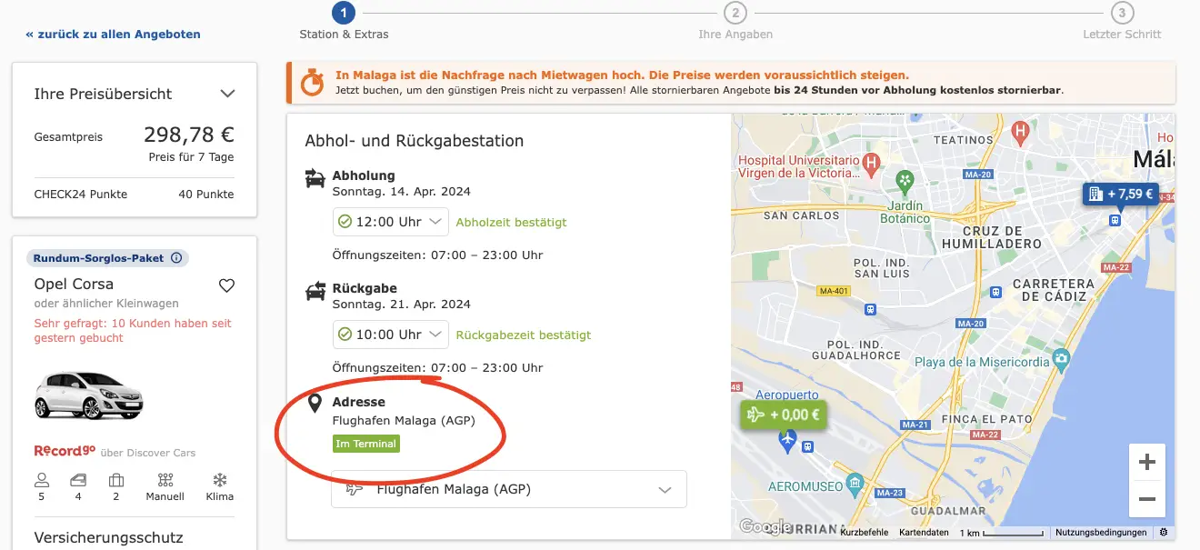 Check 24 Abholung Mietwagen in Terminal