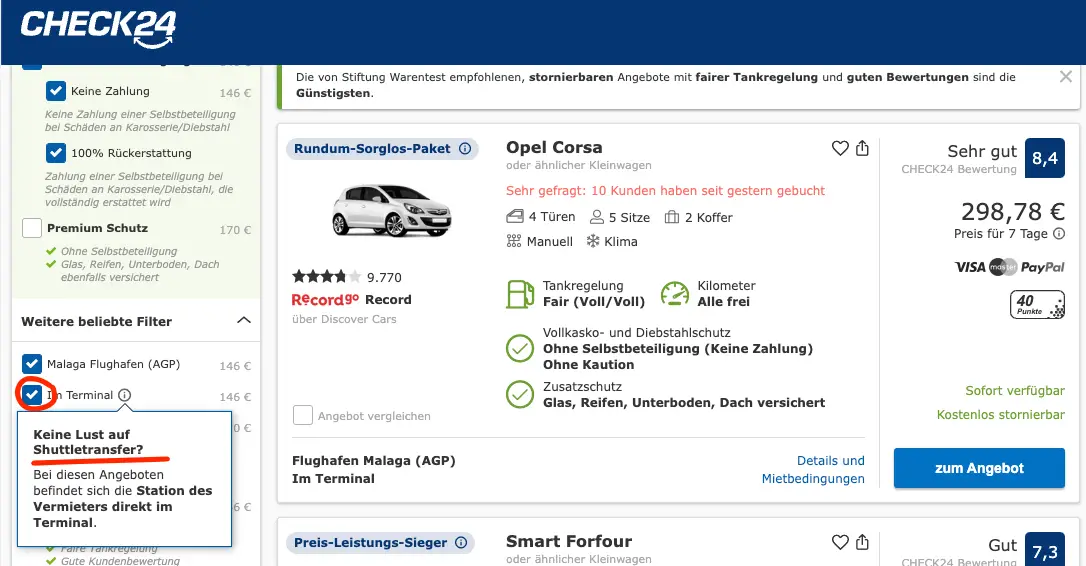 Check 24 Filter Abholung Mietwagen in Terminal