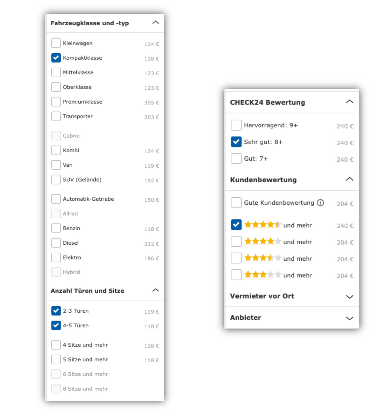 Check24 Filtereinstellungen bei Buchung eines Mietwagens
