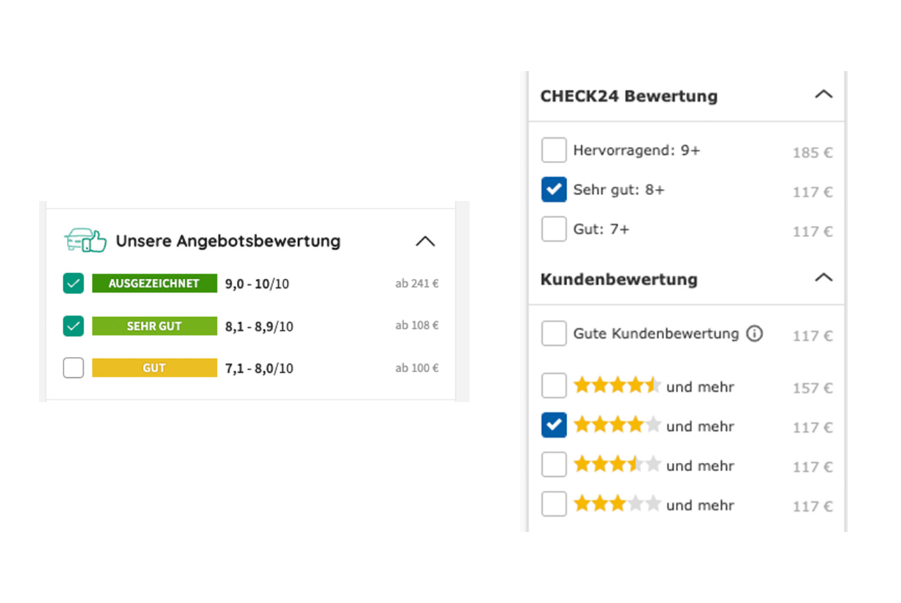 Filteroption Mietwagen buchen: Gute Bewertungen Anbieter