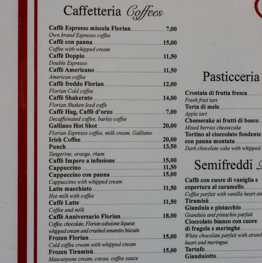 Speisekarte Café Florian
