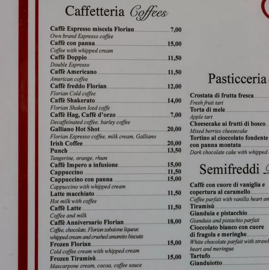 Speisekarte Café Florian