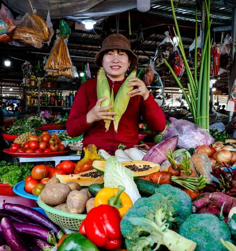 haendler verkauft gemuese auf dem markt von hoi an