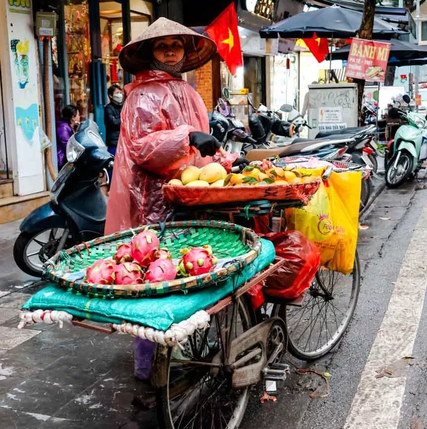 Vietnamesin in Hanoi mit Fahrrad und Obstkörben