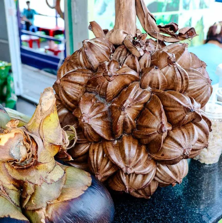 Braune Nipapalmenfrüchte auf dem Markt von Can Tho