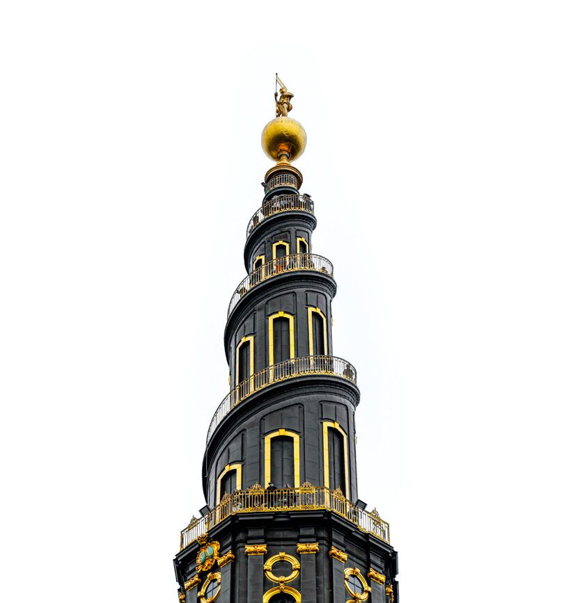 Spiralförmiger Kirchturm der Vor Frelsers Kirke in Kopenhagen, Dänemark