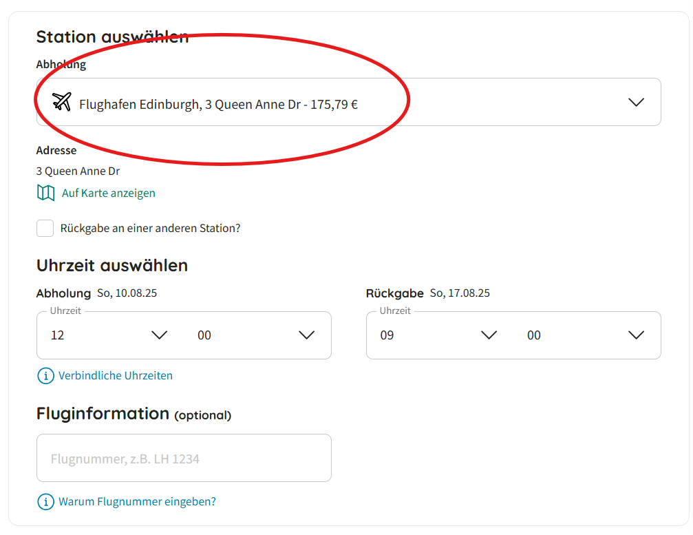 Schottland Abholort billiger Mietwagen