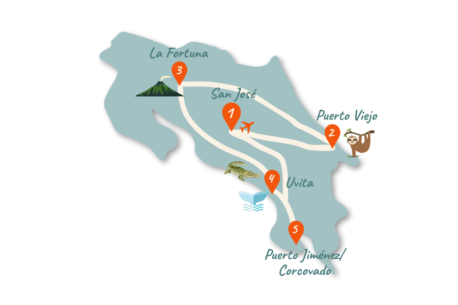 Costa Rica Karibik Route 2 Wochen Karte 02 Costa Rica Karibik Route 2 Wochen Karte 02