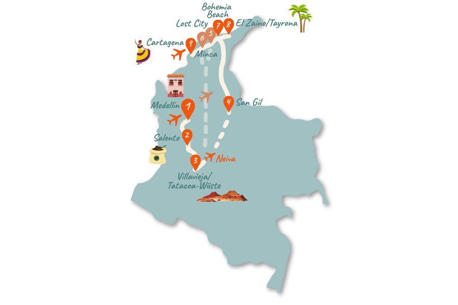 Kolumbien Route 3 Wochen Karte 02 Kolumbien Route 3 Wochen Karte 02