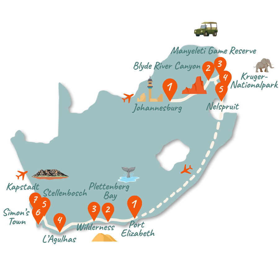 Suedafrika Route 3 Wochen Kruger Garden Route Karte 01