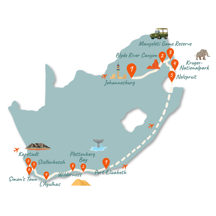 Suedafrika Route 3 Wochen Kruger Garden Route Karte 01