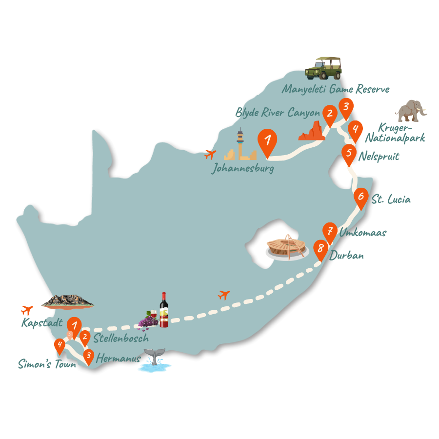 Suedafrika Route 3 Wochen Kruger bis Durban Karte 01 1