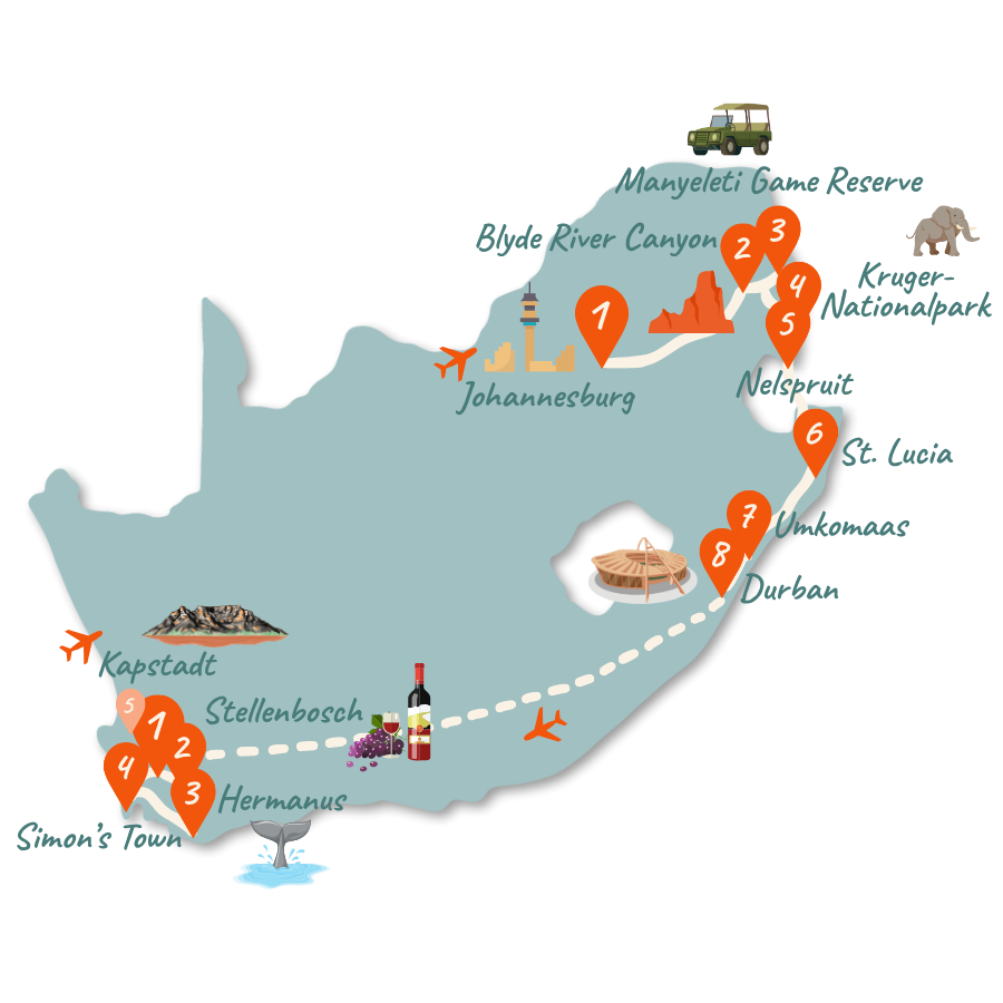 Suedafrika Route 3 Wochen Kruger bis Durban Karte 01