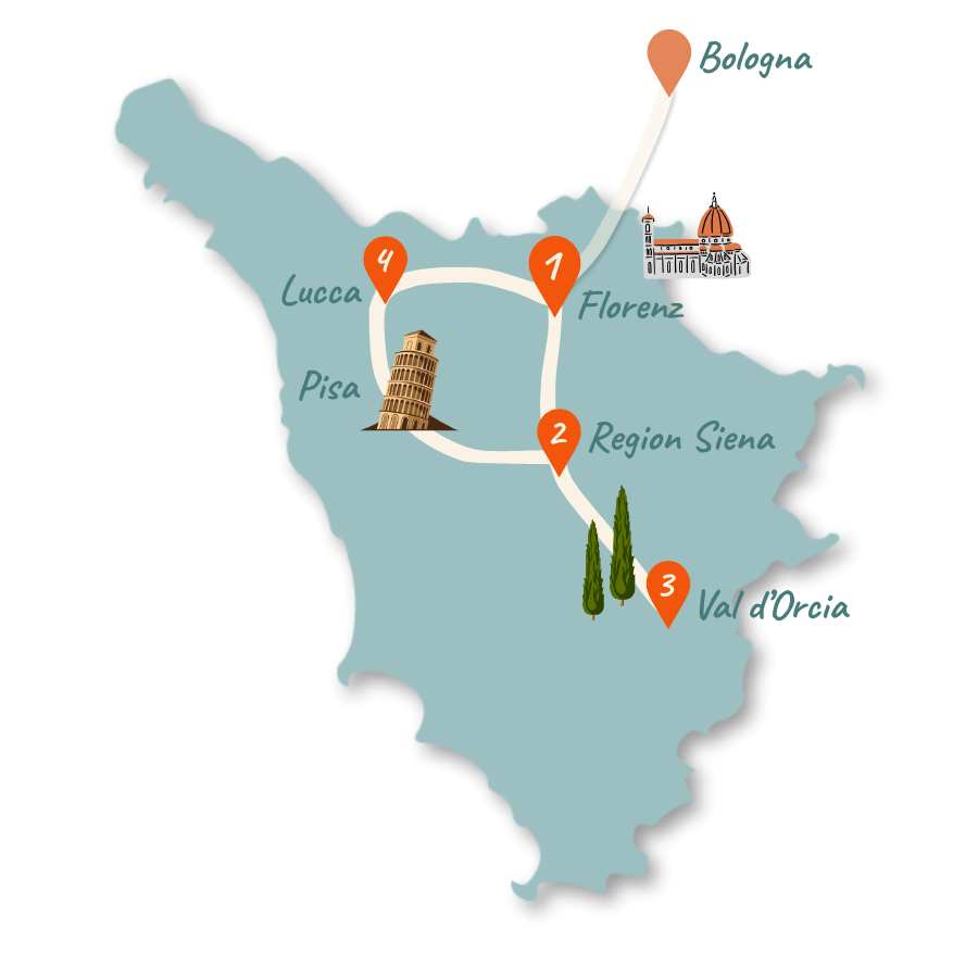 Toskana Rundreise Route 7 Tage Karte 01