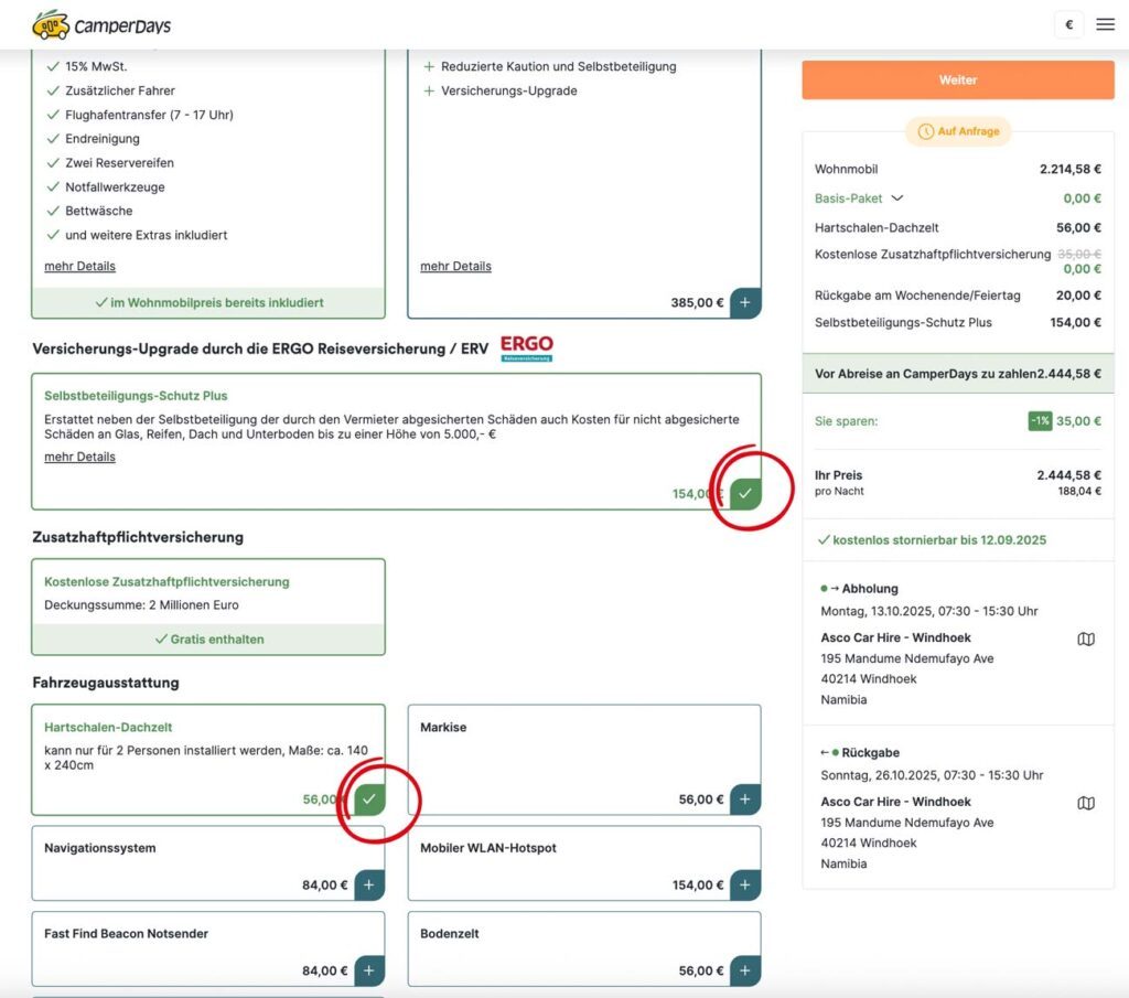 camperdays zusatzleistungen bei buchung