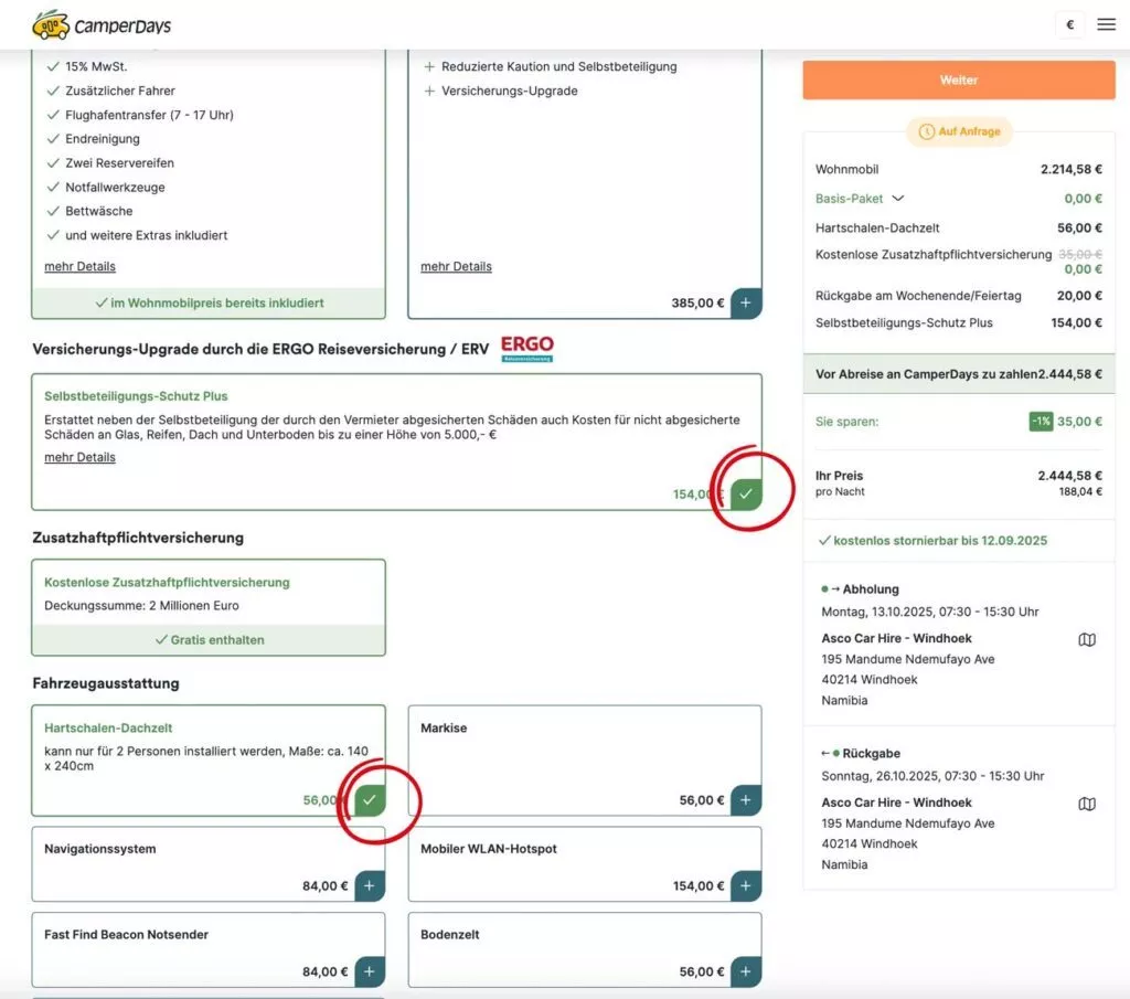 camperdays zusatzleistungen bei buchung