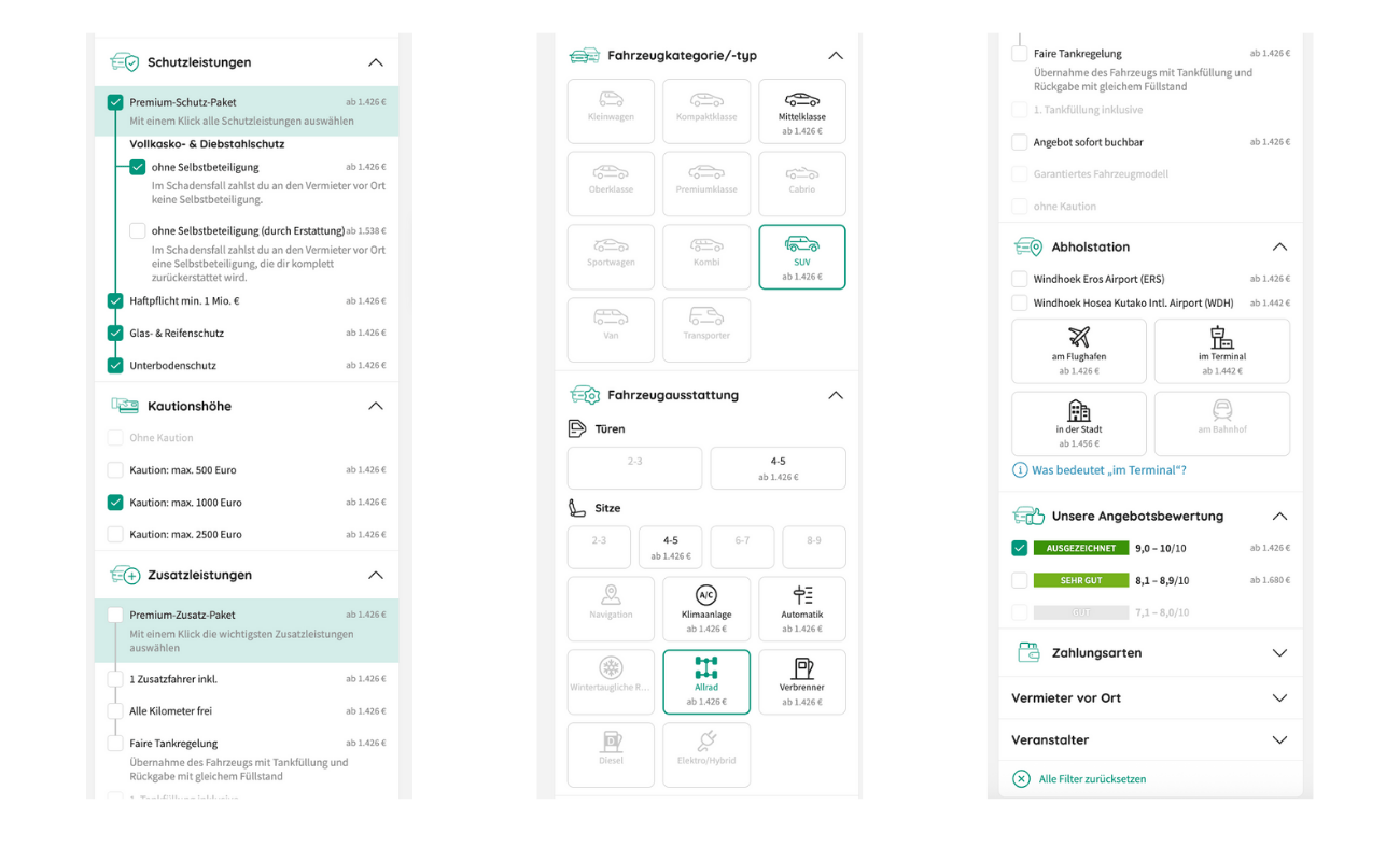 filter einstellungen bei billiger mietwagende fuer mietwagen namibia