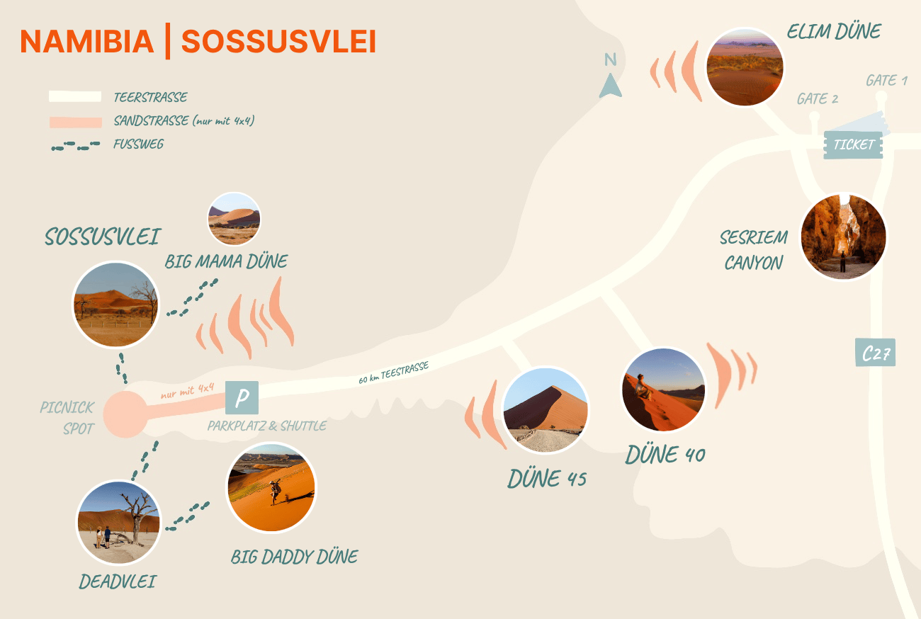 Sossusvlei und Deadvlei in Namibia auf einer Karte mit den anderen Dünen bei Sesriem