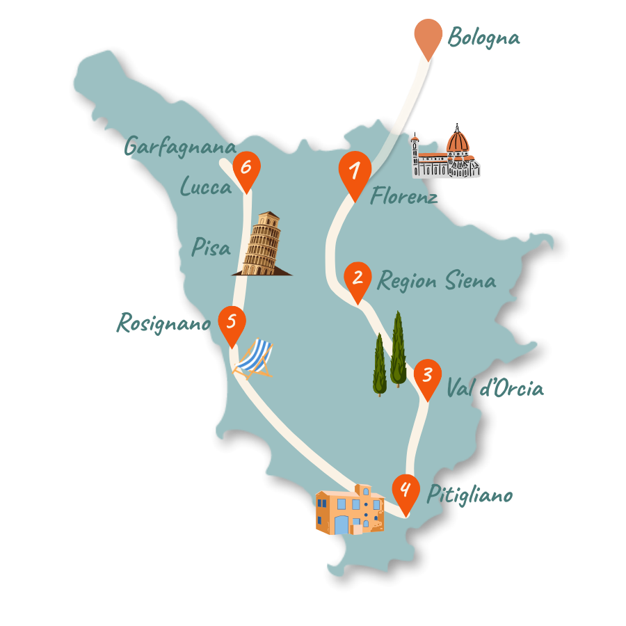 toskana rundreise route 10 tage karte 01