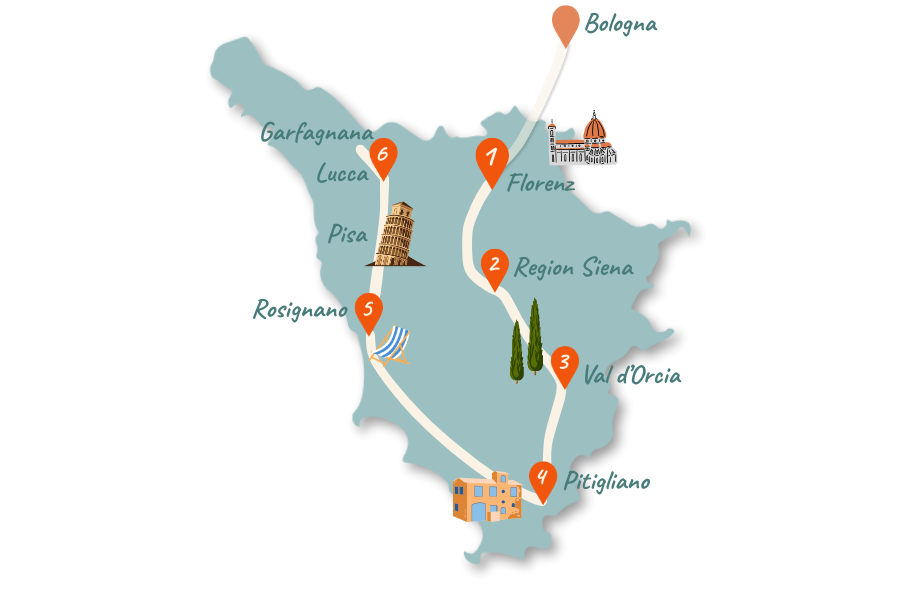 Toskana Rundreise Route 10 Tage Karte 02 Toskana_Rundreise_Route_10-Tage_Karte_02