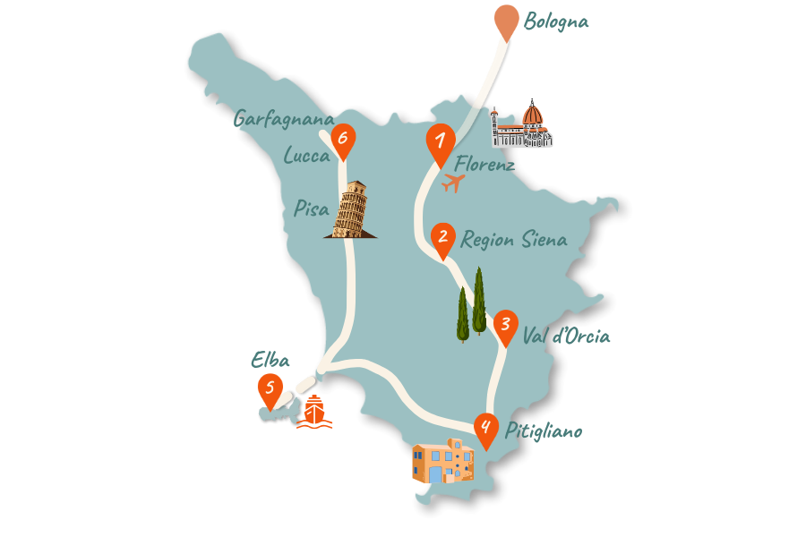 Toskana Rundreise Route 14 Tage Karte 02 Toskana_Rundreise_Route_14-Tage_Karte_02