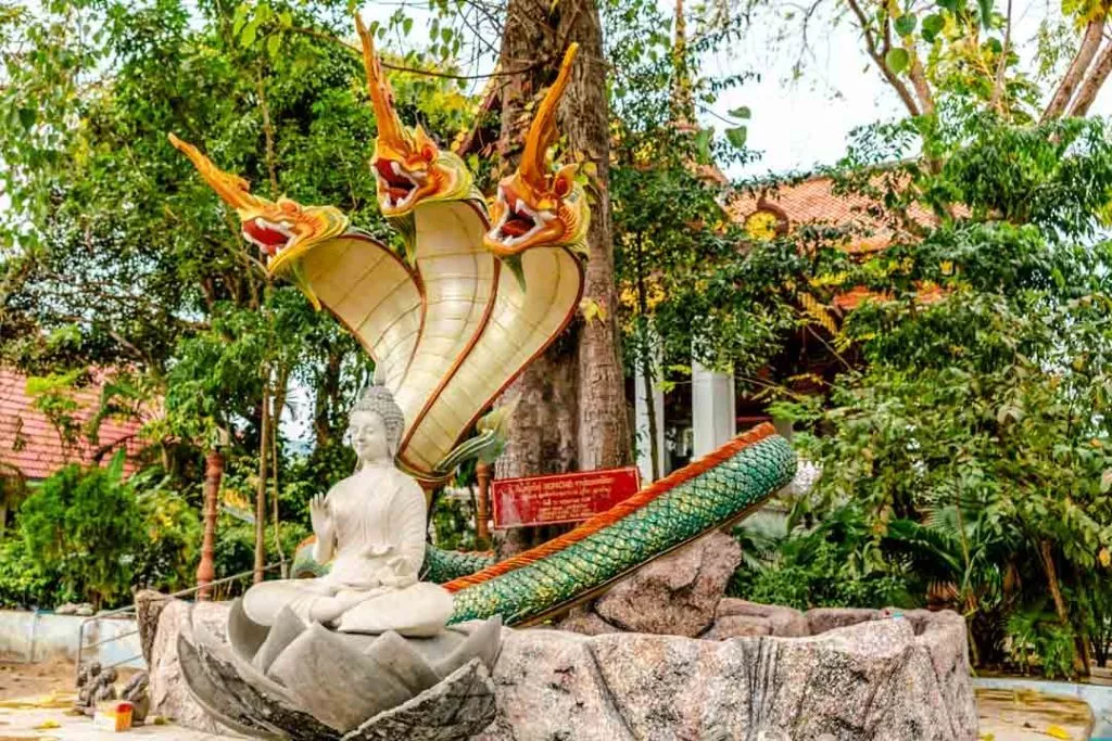 Buddha mit dreiköpfiger Schlange beim Wat Khunaram auf Koh Samui Thailand