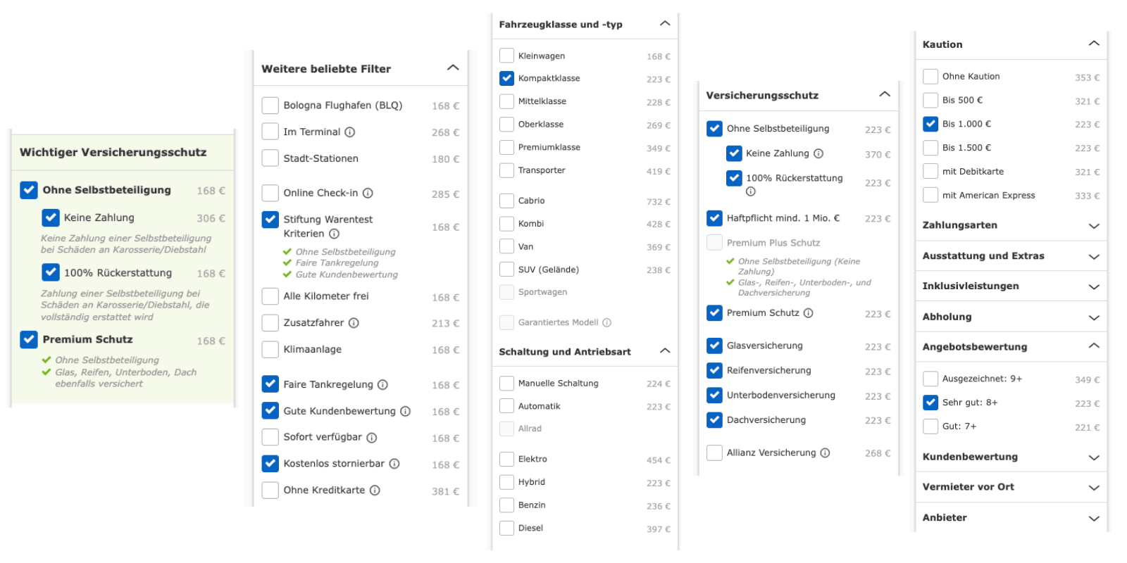 Filtereinstellungen bei Check24