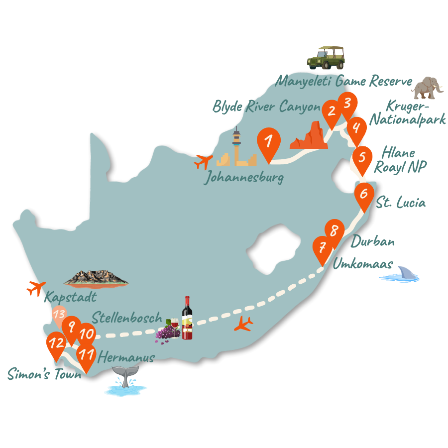 Suedafrika Karte 3 Wochen Kruger bis Durban Route neu 01