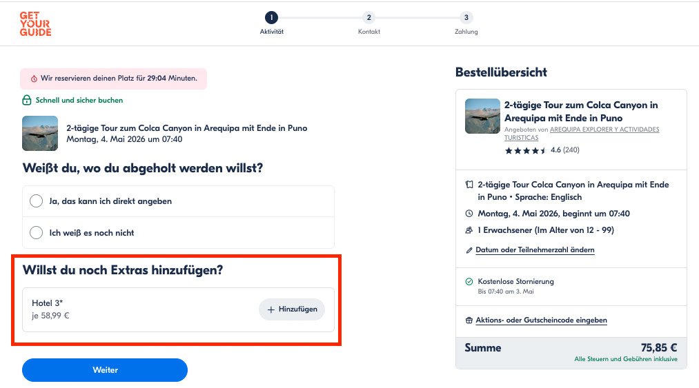 Tourempfehlung ohne Wanderung: Unterkunft optional dazubuchen bei GYG