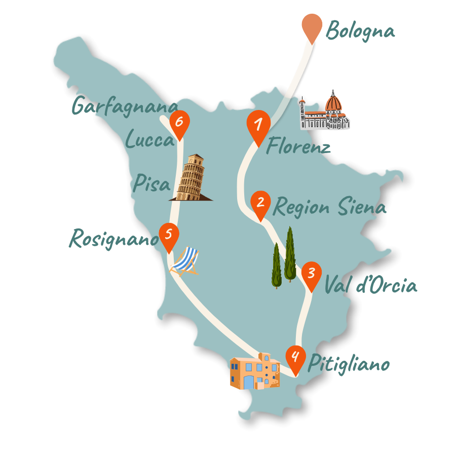 Toskana Rundreise Route 10 Tage Karte NEU 01