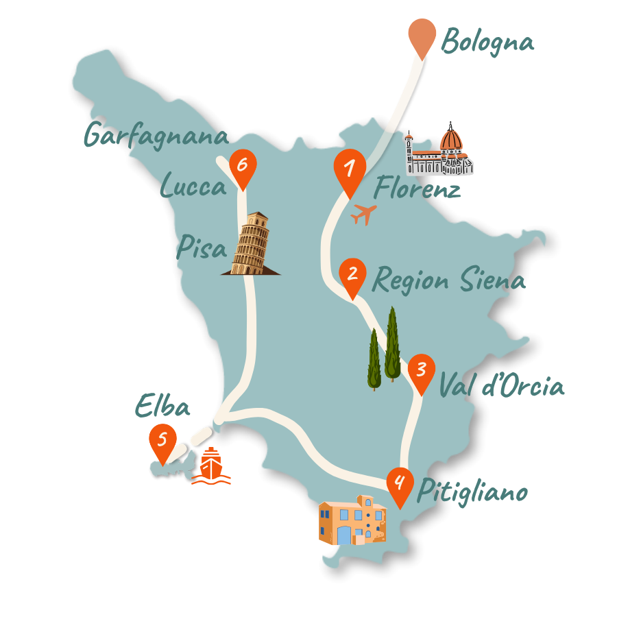 Toskana Rundreise Route 14 Tage Karte NEU 01 Toskana Rundreise Route 14 Tage Karte NEU 01