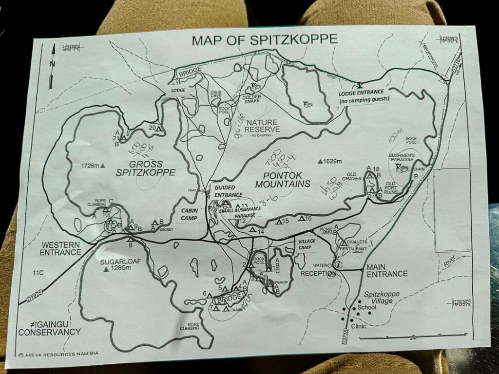 karte vom campingplatz spitzkoppe in namibia